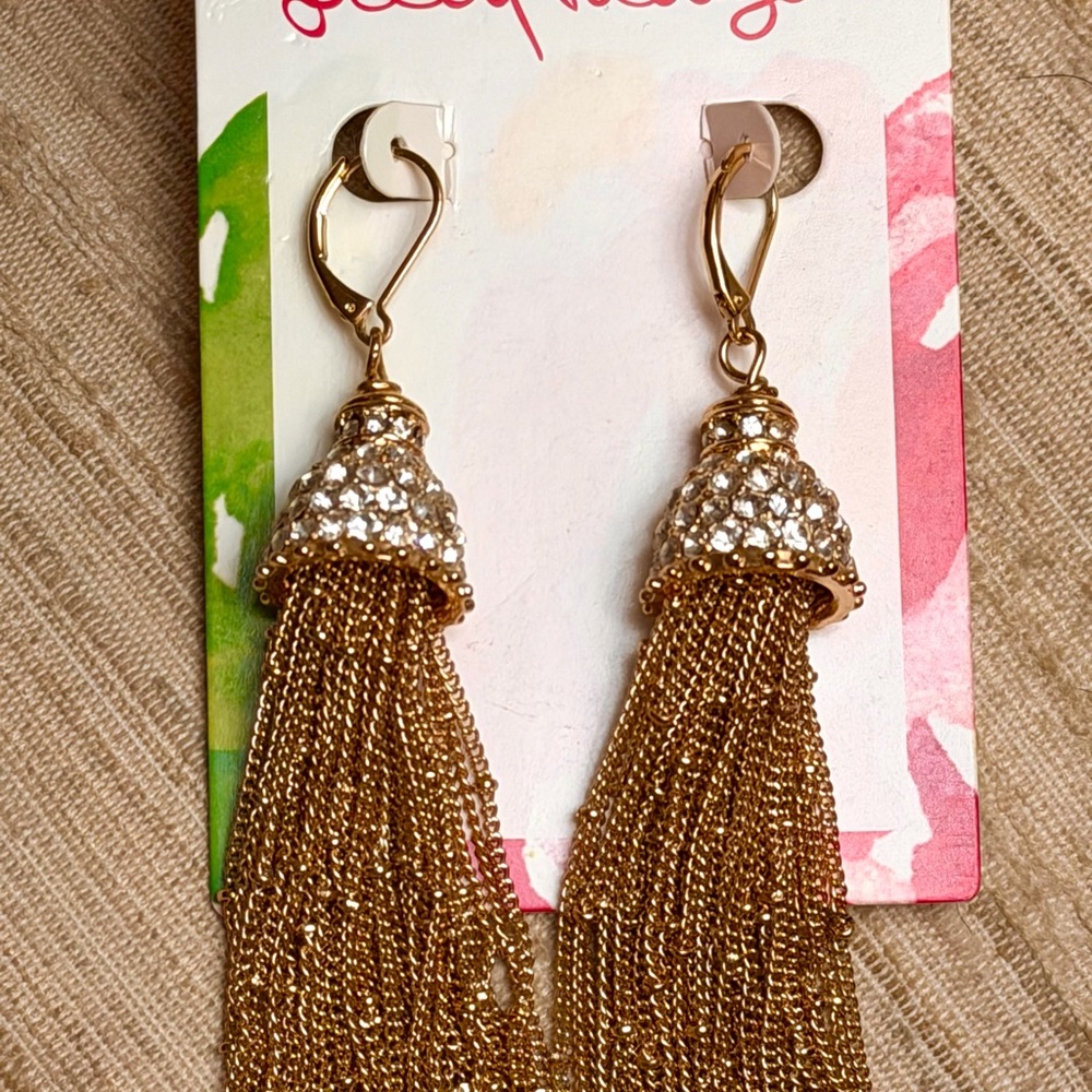 Lilly Pulitzer Earrings Gold Chain Tassel Crystal Earrings Pierced - Picture 5 of 7
